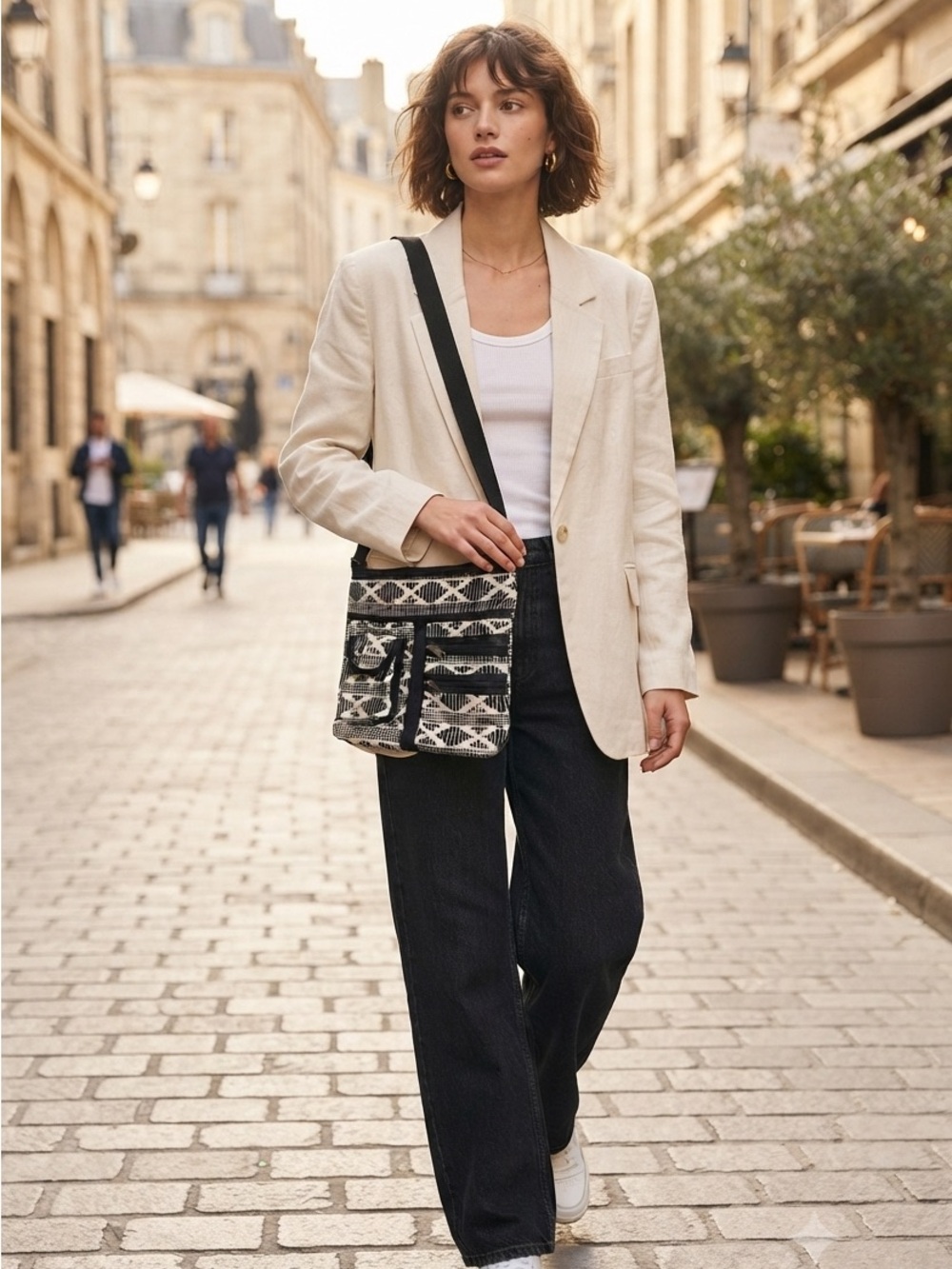 Textured Black & Cream Crossbody Bag with Adjustable Strap